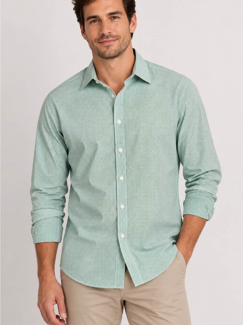 Calvin Klein Men's Long-Sleeve Button-Down Shirt in Light Green White Check XL